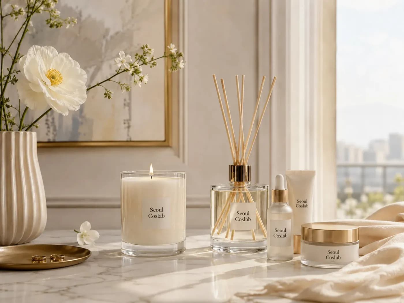 A candle, reed diffuser, serum and cream from one line arranged on a marble console