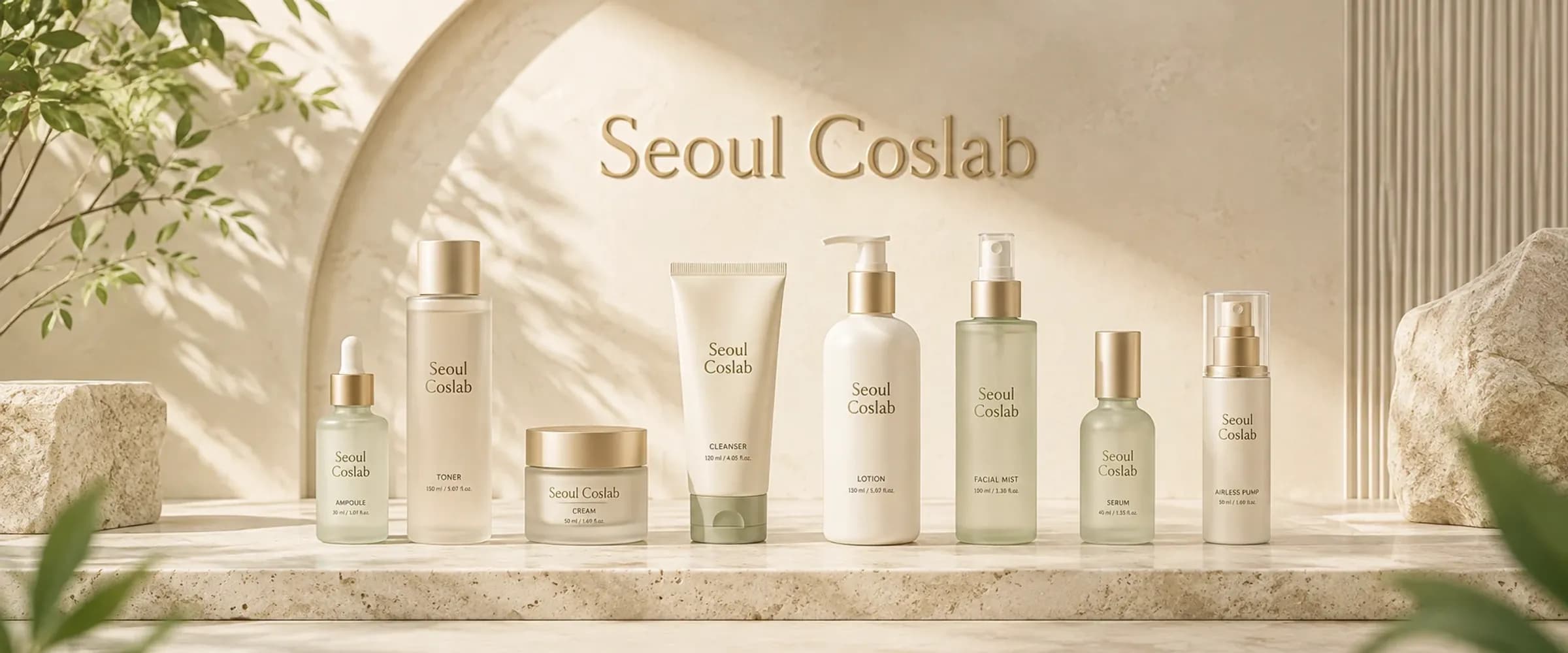 Ampoule, toner, cream, cleanser, lotion, mist, serum and pump bottle in a row on a stone ledge